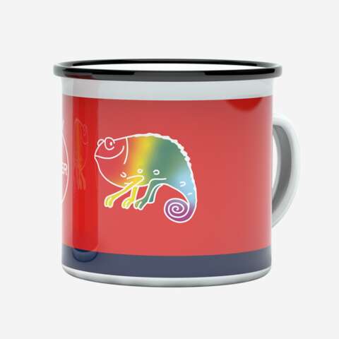 Retro enamel mug 9293 from Bayer 04, item number 2004354, price €12.90, made from enamel, volume 0.3 litres. Featuring the chameleon and TSV Bayer 04 logo, inspired by the jersey 92/93