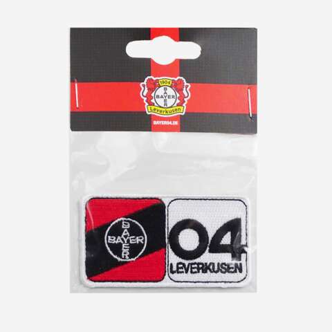 Retro logo patch from Bayer 04, item number 2004503, price €9.90, made from embroidery thread, size approx. 7.3 x 3.9 cm, suitable for sewing or ironing on. Ideal for textiles.