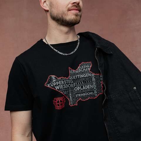 T-shirt worn by a model with the focus on the print. The print shows the outline of Leverkusen