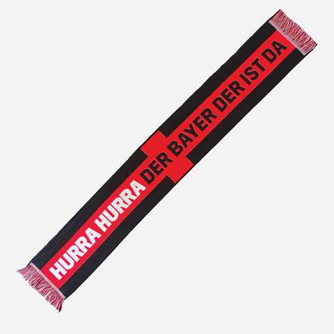 Scarf Hurra Hurra by Bayer 04. 100% acrylic, sustainable, OekoTexStandard 100. Colours: black and red. Ideal for cold days and as a fan article.