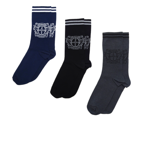 Socken 3er-Set von Bayer 04. Material: 80 % Baumwolle, 17 % Polyamid, 3 % Elasthan. Farben: Schwarz, Blau, Dunkelgrau. Ideal für Kinder und Erwachsene.