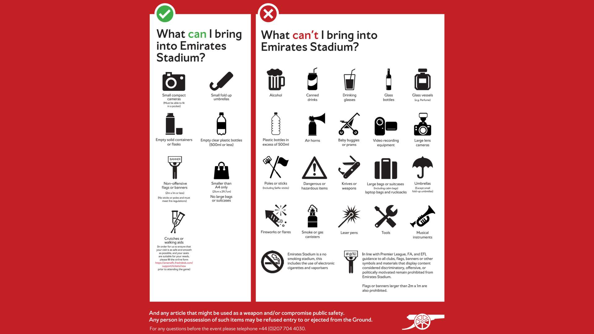 Verbotene Gegenstände Arsenal Stadium