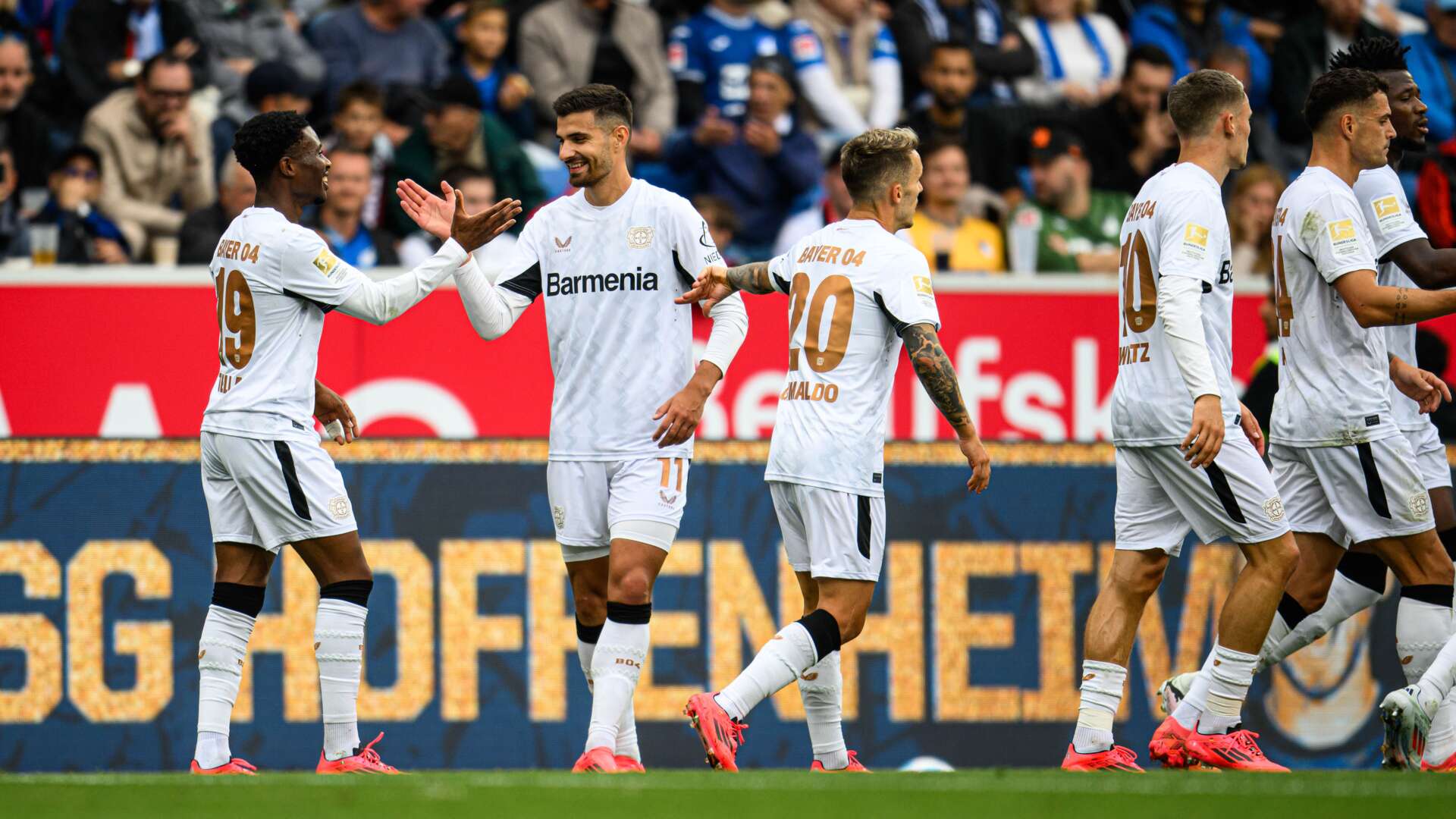 Werkself beim Torjubel nach Martin Terriers Treffer in Hoffenheim